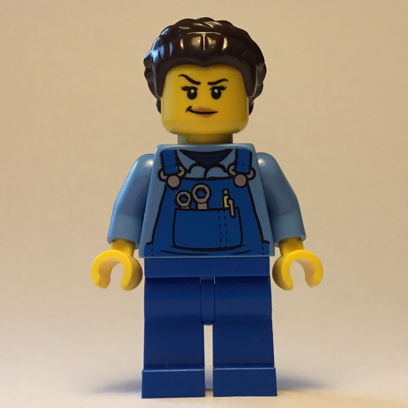 LEGO Woman, Blue Overalls, Dark Brown Hair (fig-012623)