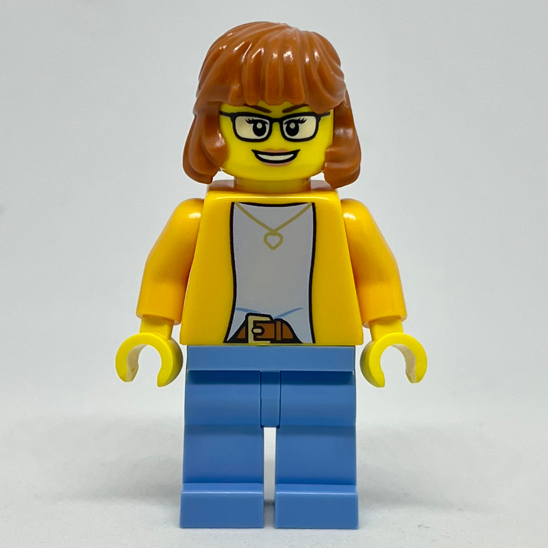 LEGO Woman, Bright Light Orange Torso, Medium Blue Legs, Long Dark Orange Hair (fig-012764)
