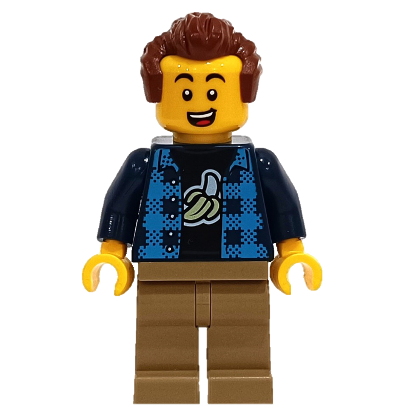 LEGO Man, Open Dark Blue Plaid Shirt, Dark Tan Legs, Reddish Brown Hair (fig-012775)
