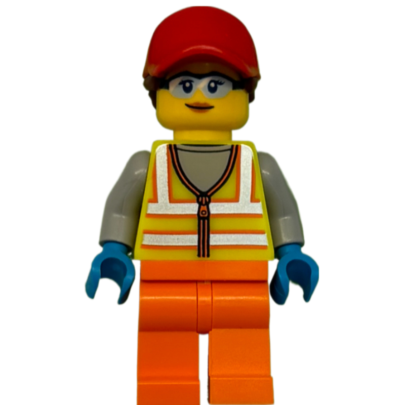 LEGO Woman, Vibrant Yellow Safety Vest, Orange Legs, Red Cap, Safety Glasses (fig-012806)