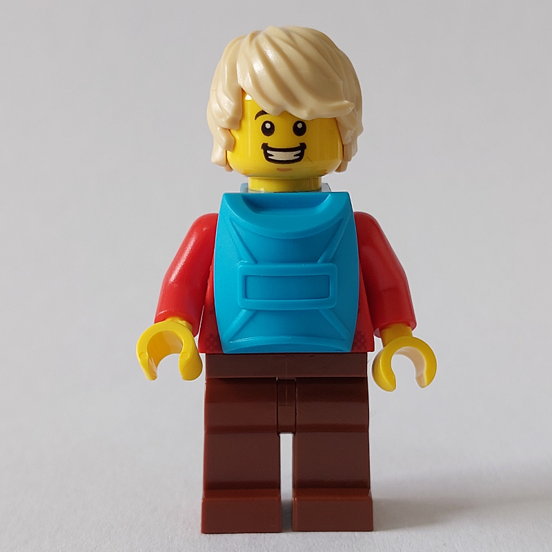 LEGO Man, Red Plaid Shirt, Reddish Brown Legs, Tan Hair, Backpack on Front (fig-012810)