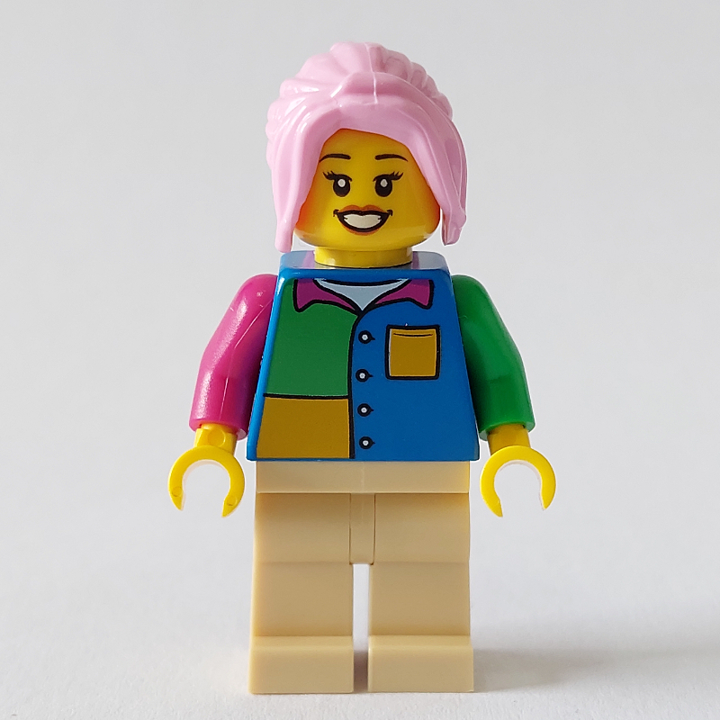 LEGO Woman, Blue, Yellow, and Green Shirt, Bright Pink Hair (fig-012811)