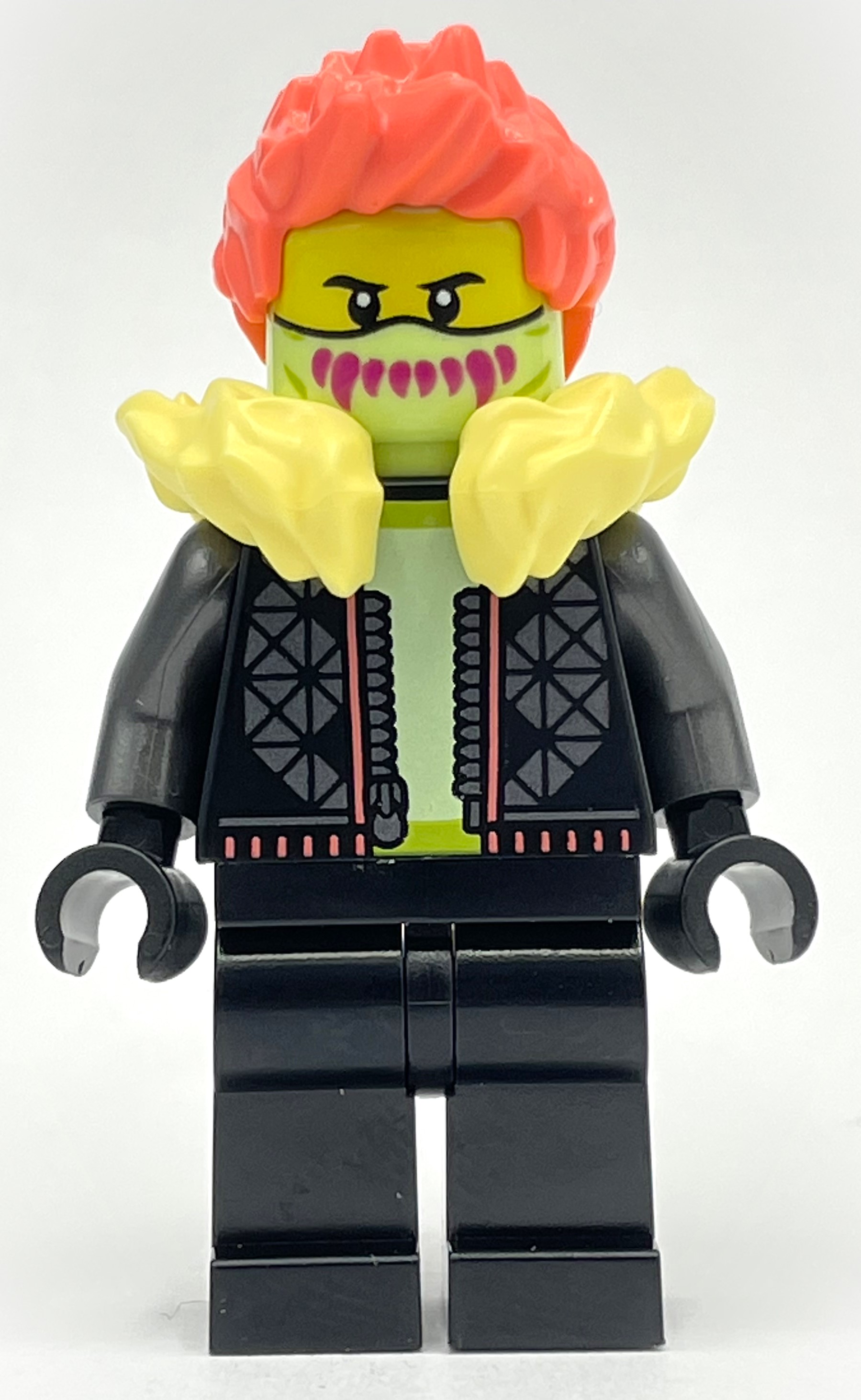 LEGO Black Torso, Black Legs, Bright Light Yellow Fur Collar, Coral Hair (fig-012845)