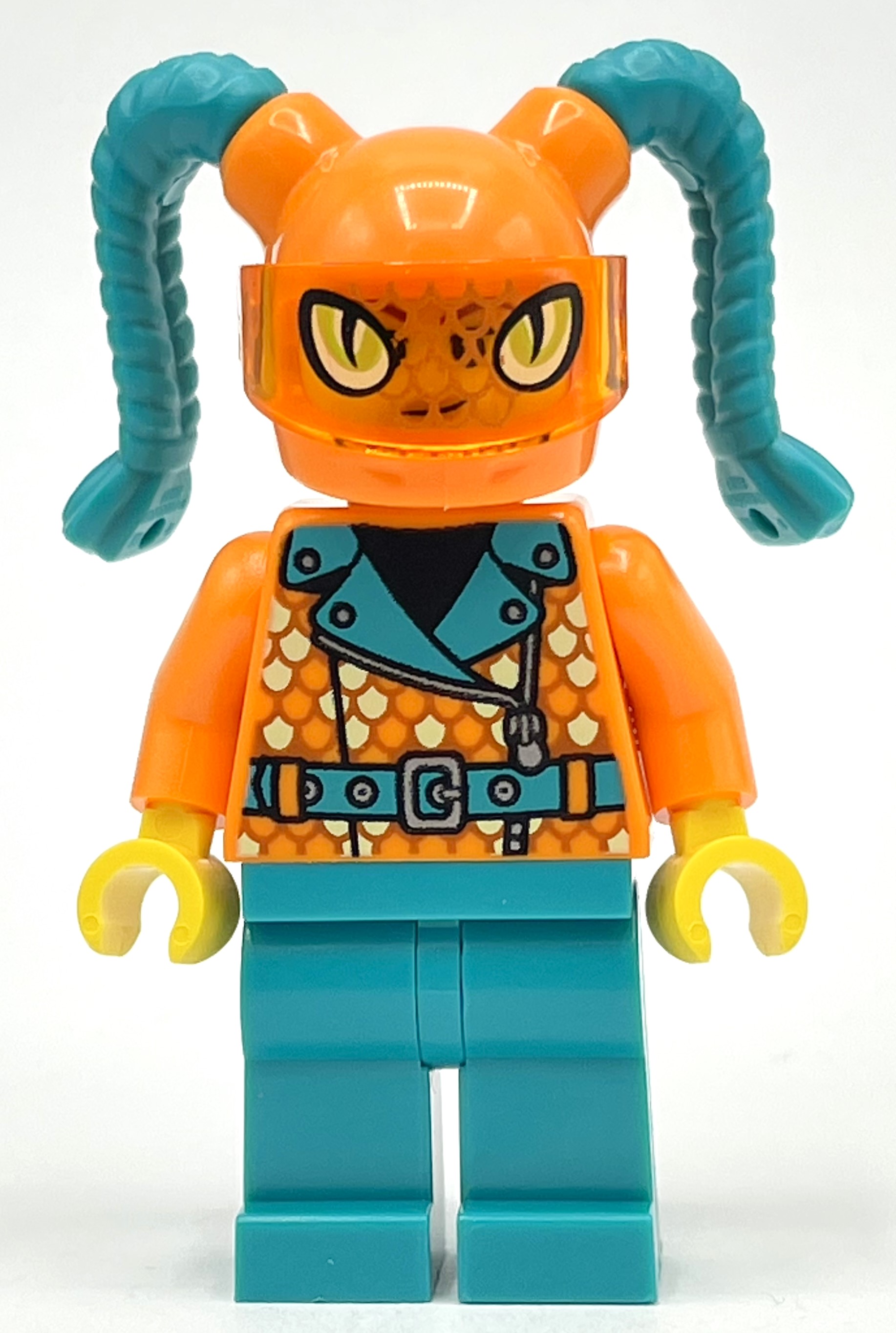 LEGO Orange Torso, Dark Turquoise Legs, Orange Helmet with Dark Turquoise Braids (fig-012850)