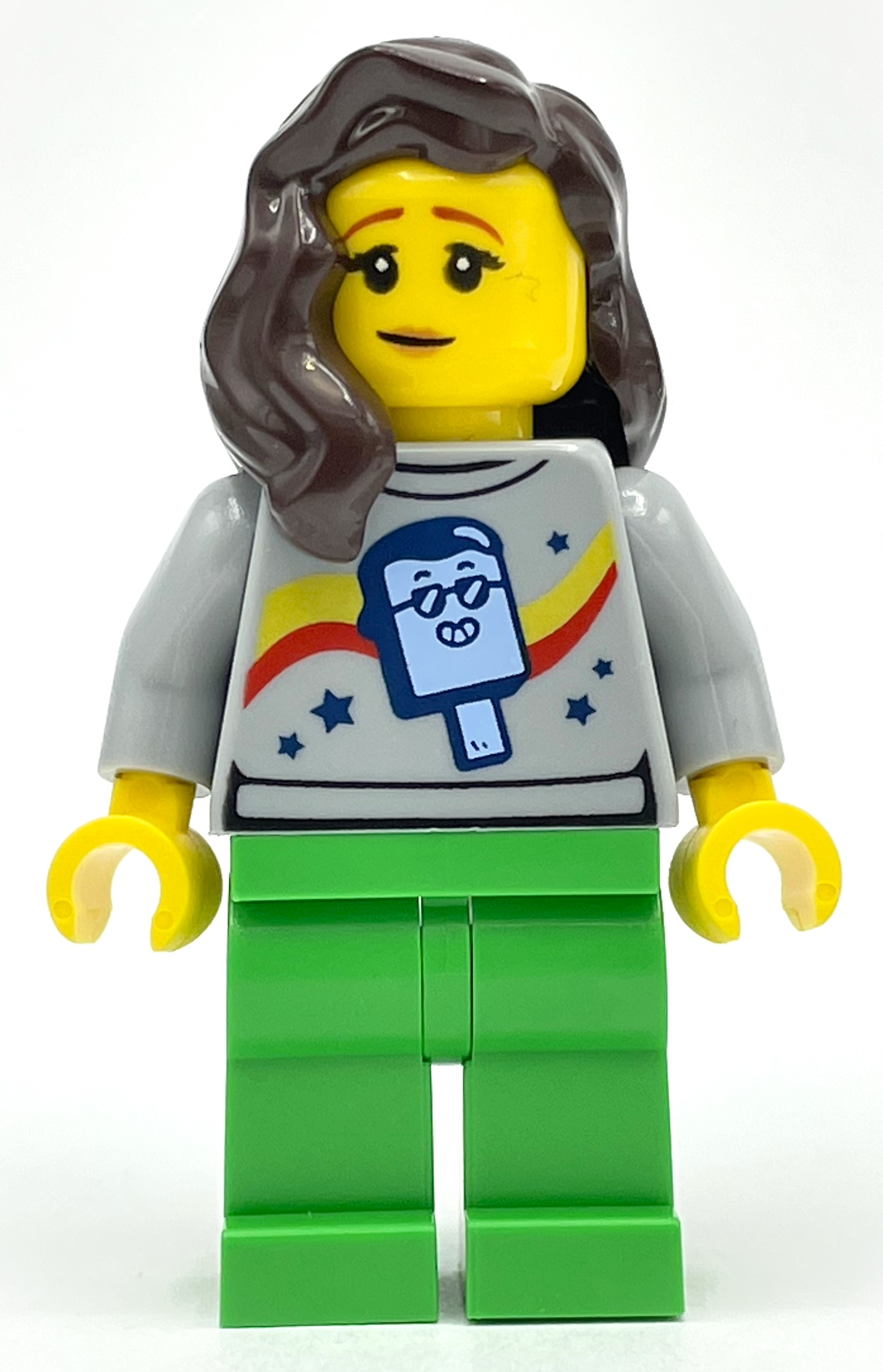 LEGO Light Bluish Grey Torso, Bright Green Legs, Dark Brown Hair (fig-012851)