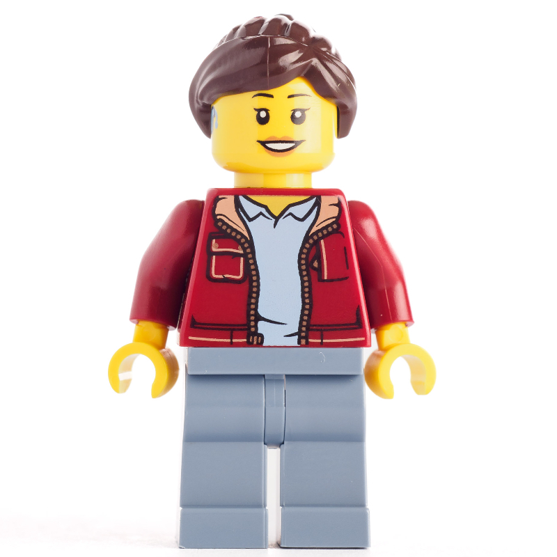 LEGO Dark Red Torso, Sand Blue Legs, Dark Brown Hair, Hearing Aid (fig-012864)