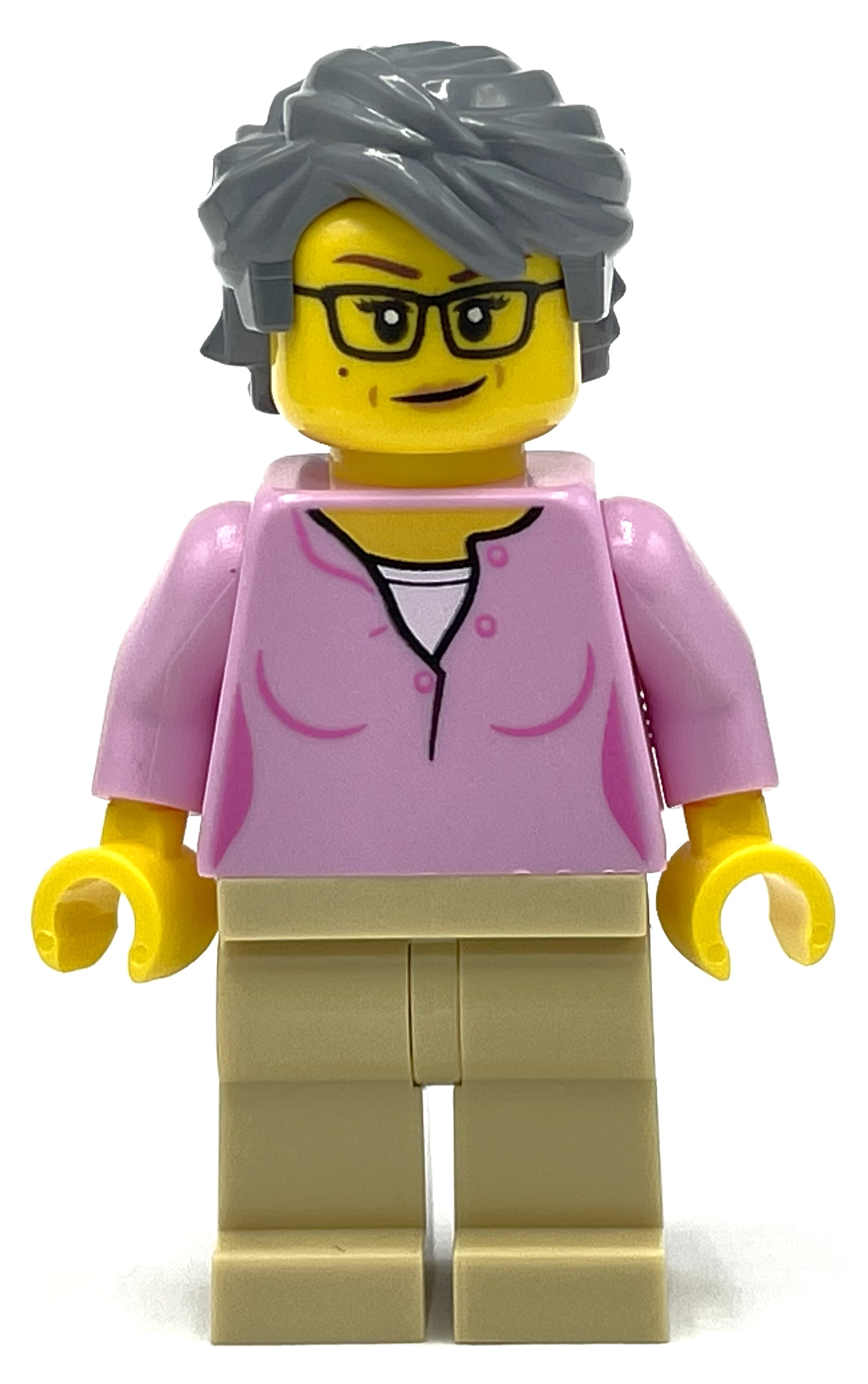 LEGO Bright Pink Torso, Tan Legs, Dark Bluish Grey Hair (fig-012871)