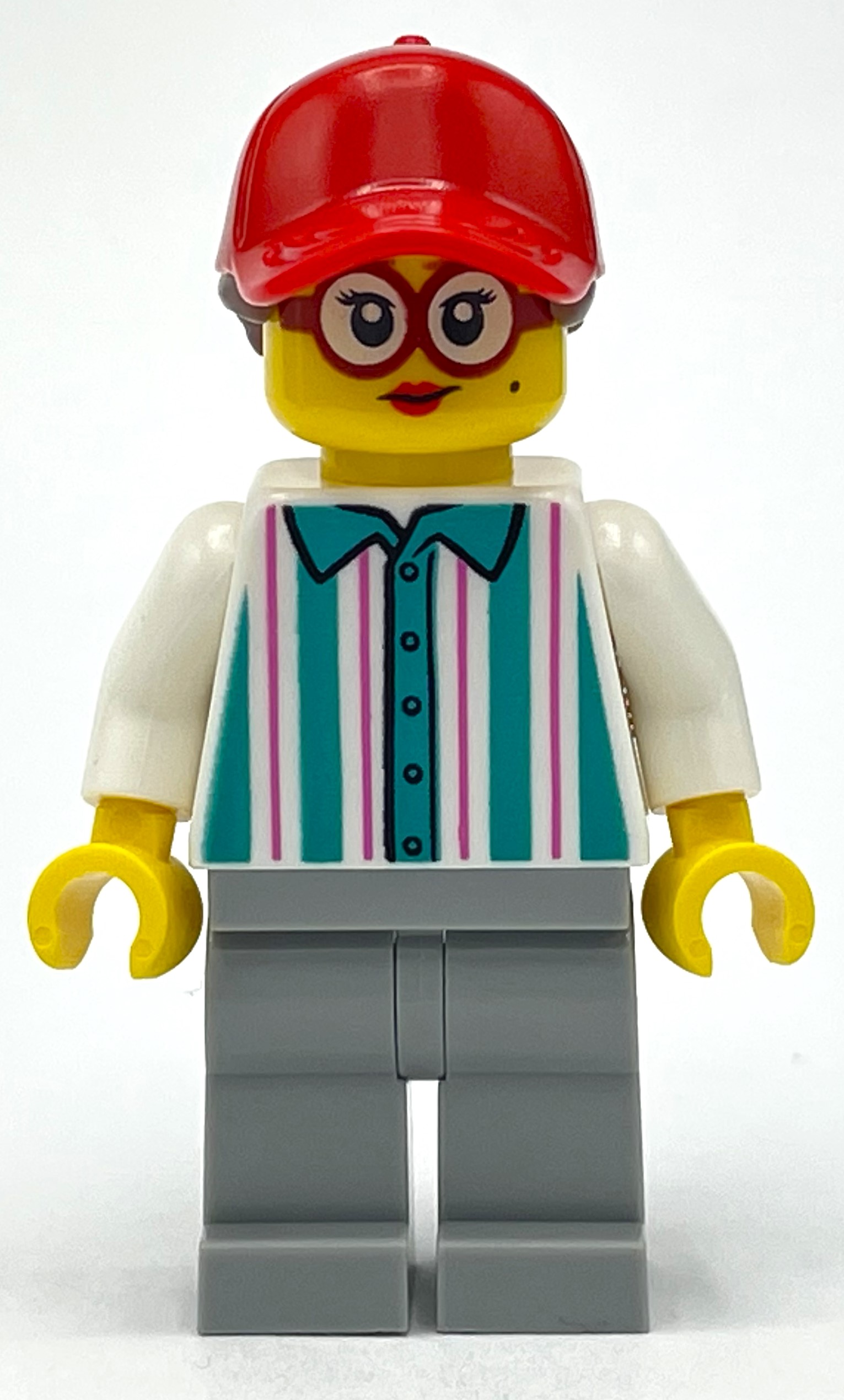 LEGO White/Dark Turquoise Torso, Light Bluish Grey Legs, Red Cap with Reddish Brown Hair (fig-012872)