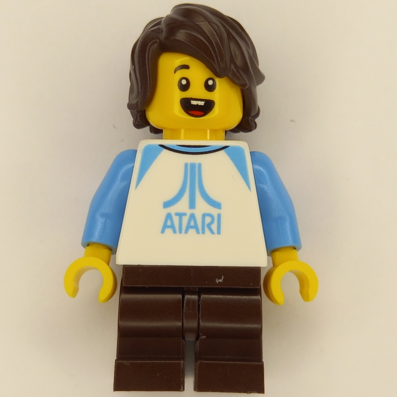 LEGO Kid - White Atari Torso, Dark Brown Legs, Dark Brown Hair (fig-012909)
