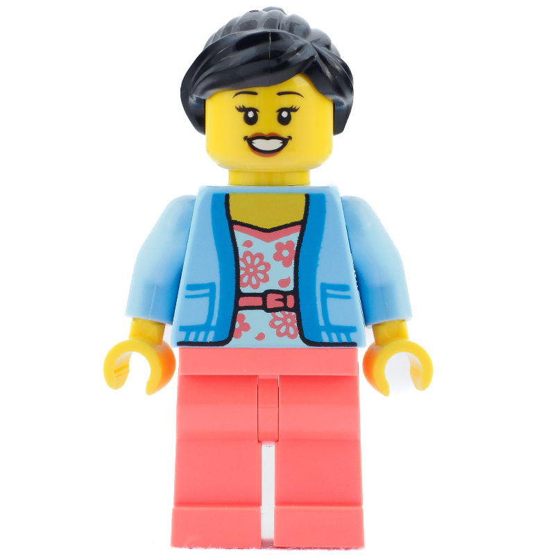 LEGO Bright Light Blue Torso, Coral Legs, Black Hair (fig-013019)