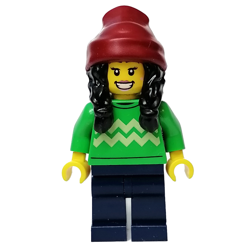 LEGO Bright Green Torso, Dark Blue Legs, Dark Red Beanie, Black Hair (fig-013148)
