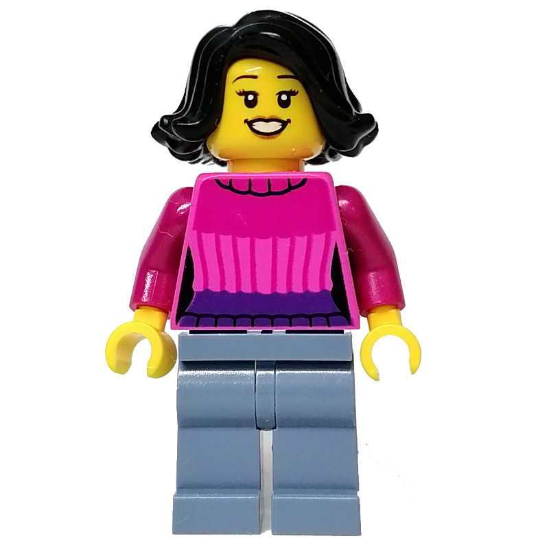LEGO Dark Pink Torso, Sand Blue Legs, Black Hair (fig-013149)