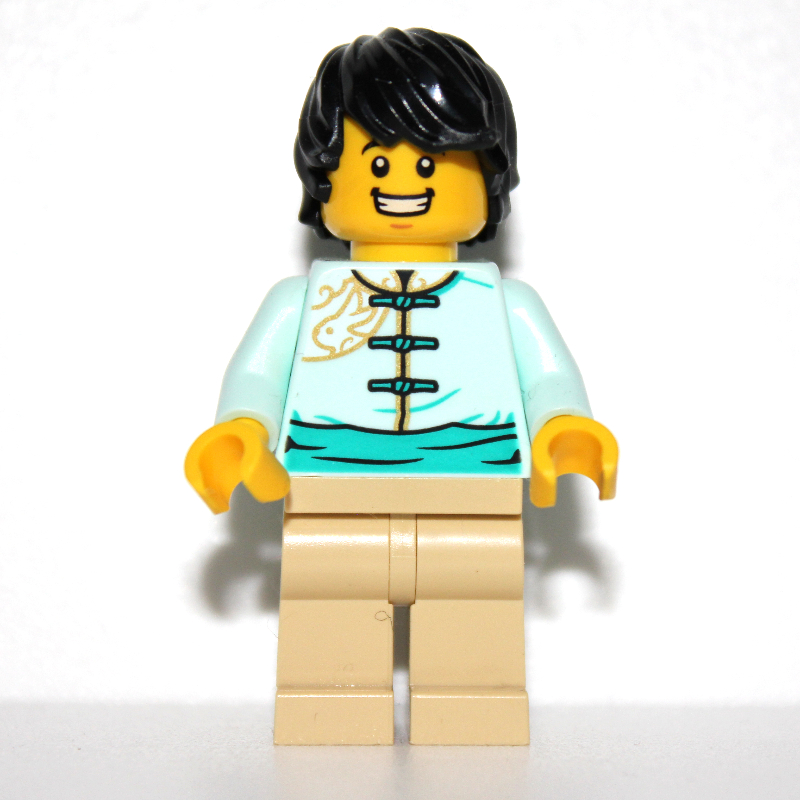 LEGO Light Aqua Torso, Tan Legs, Black Hair (fig-013231)