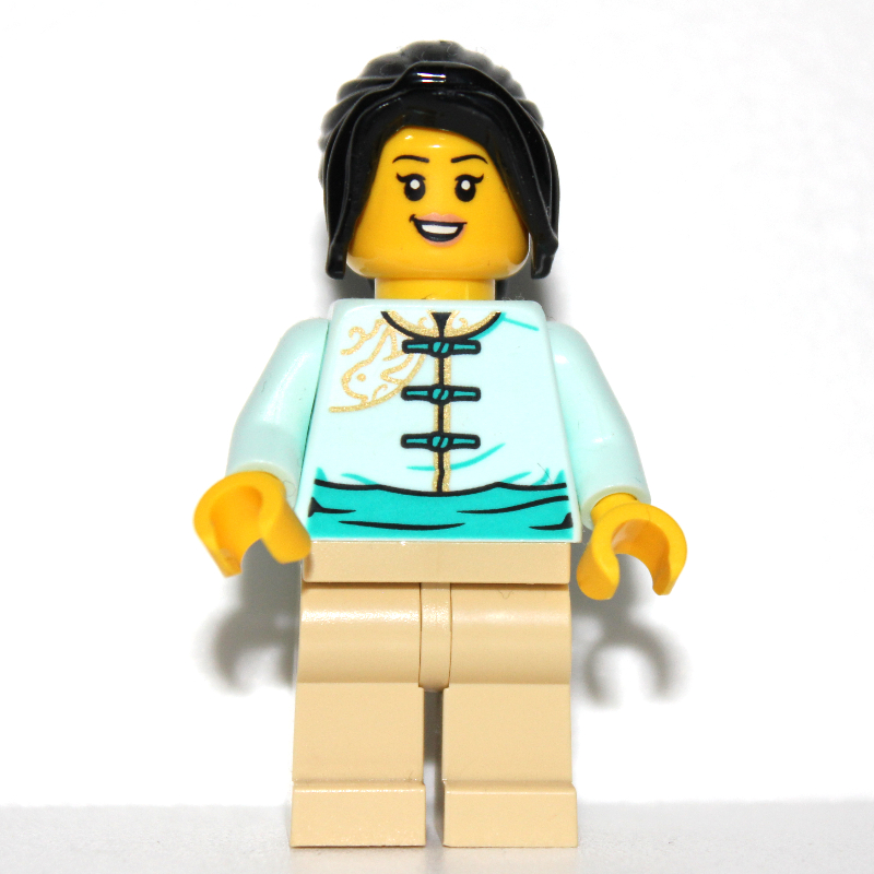 LEGO Light Aqua Torso, Tan Legs, Long Black Hair (fig-013232)