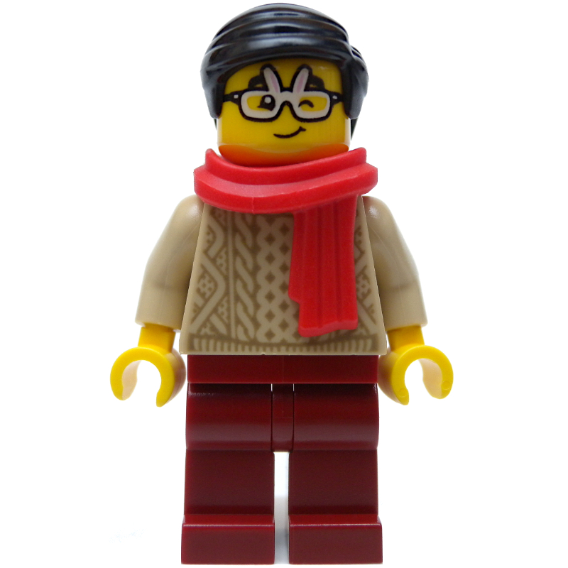 LEGO Tan Torso, Dark Red Legs, Black Hair, Red Scarf (fig-013234)