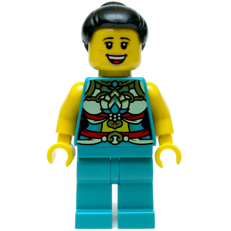 LEGO Dark Turquoise Torso, Chinese Decorations, Dark Turquoise Legs, Black Hair Bun (fig-013238)