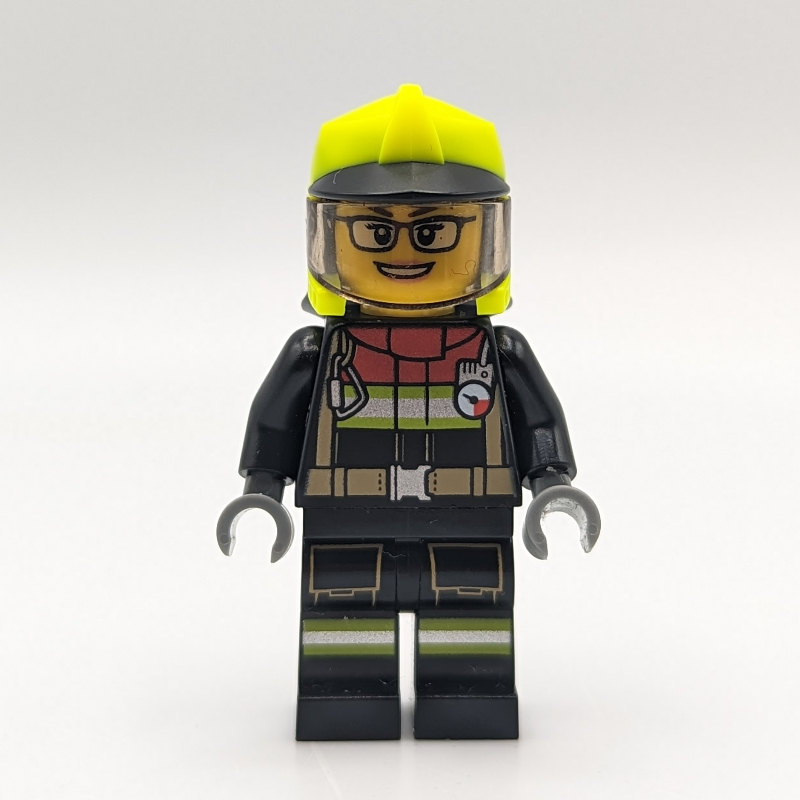 LEGO Firefighter, Black Suit, Vibrant Green Helmet with Visor, Glasses (fig-013315)
