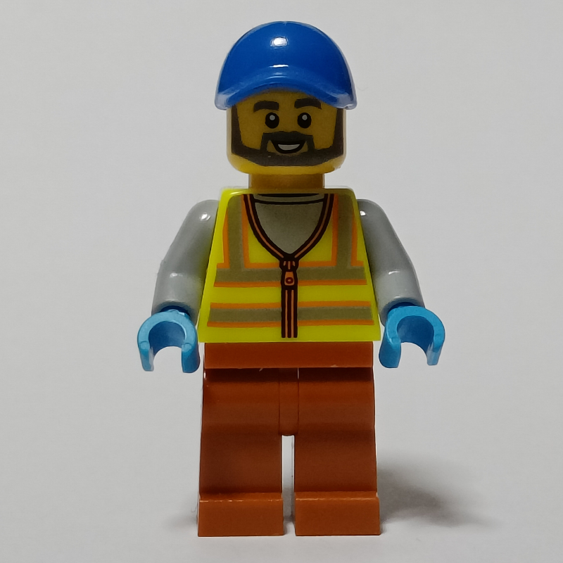 LEGO Man, Vibrant Yellow Safety Vest, Dark Orange Legs, Blue Cap (fig-013322)