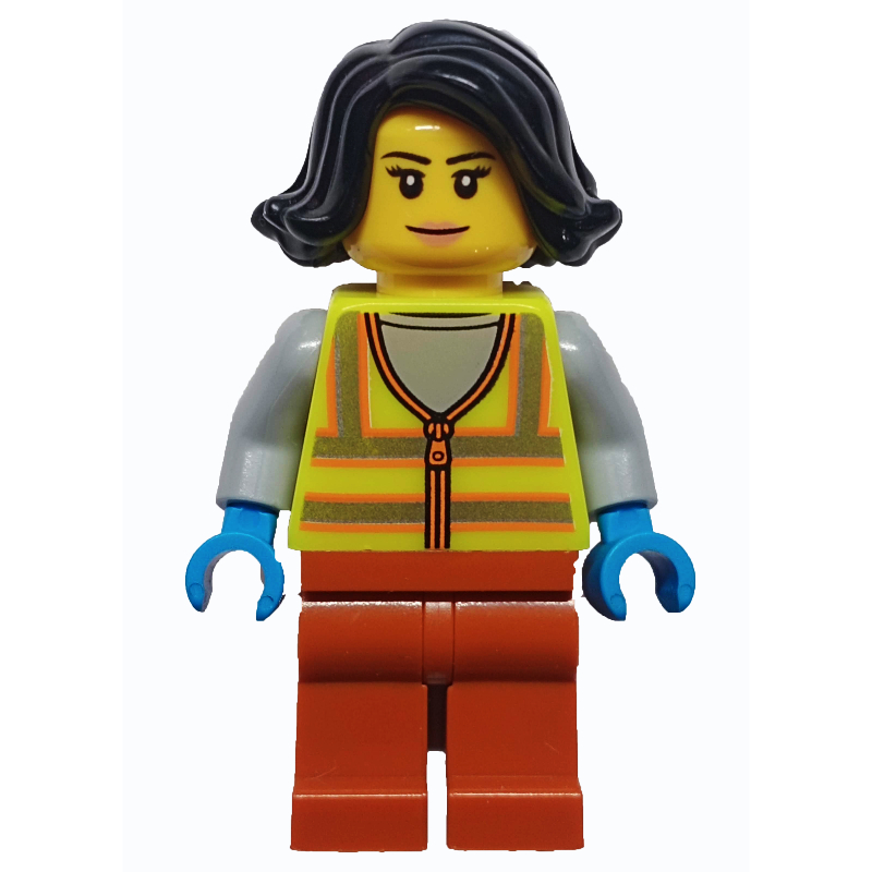 LEGO Woman, Vibrant Yellow Safety Vest, Dark Orange Legs, Black Hair (fig-013323)