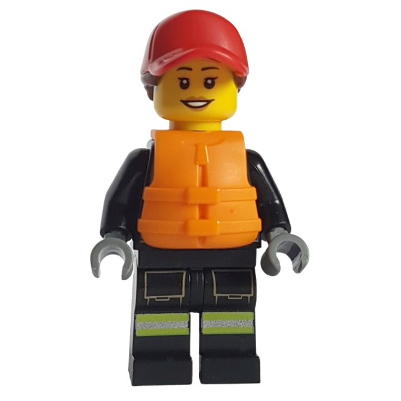 LEGO Firefighter, Black Fire Suit, Orange Life Vest, Red Cap (fig-013337)