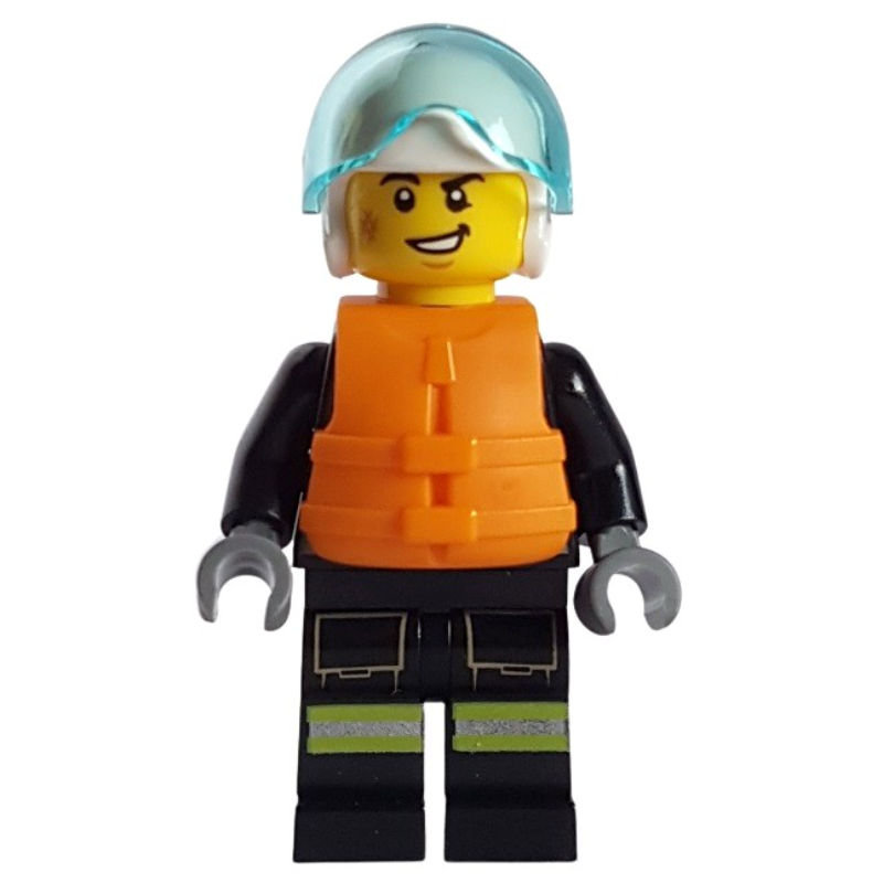 LEGO Firefighter, Black Fire Suit, Orange Life Vest, White Helmet (fig-013338)