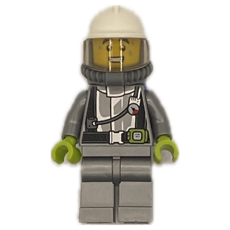 LEGO Firefighter, Silver Fire Suit, White Helmet with Visor, Blue Airtanks (fig-013342)