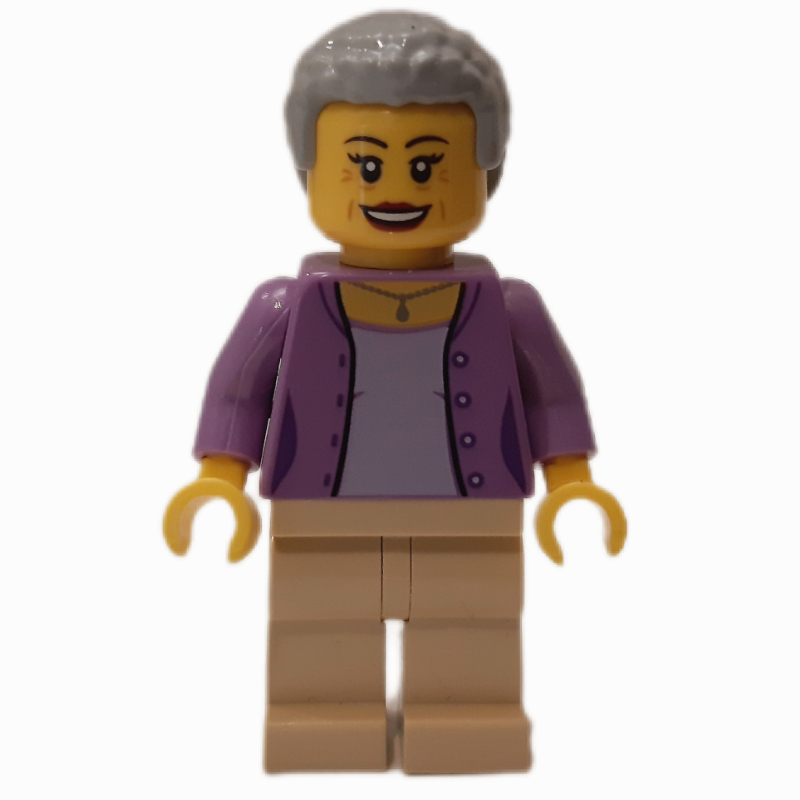 LEGO Woman, Lavender Top, Tan Legs, Light Bluish Gray Hair (fig-013344)