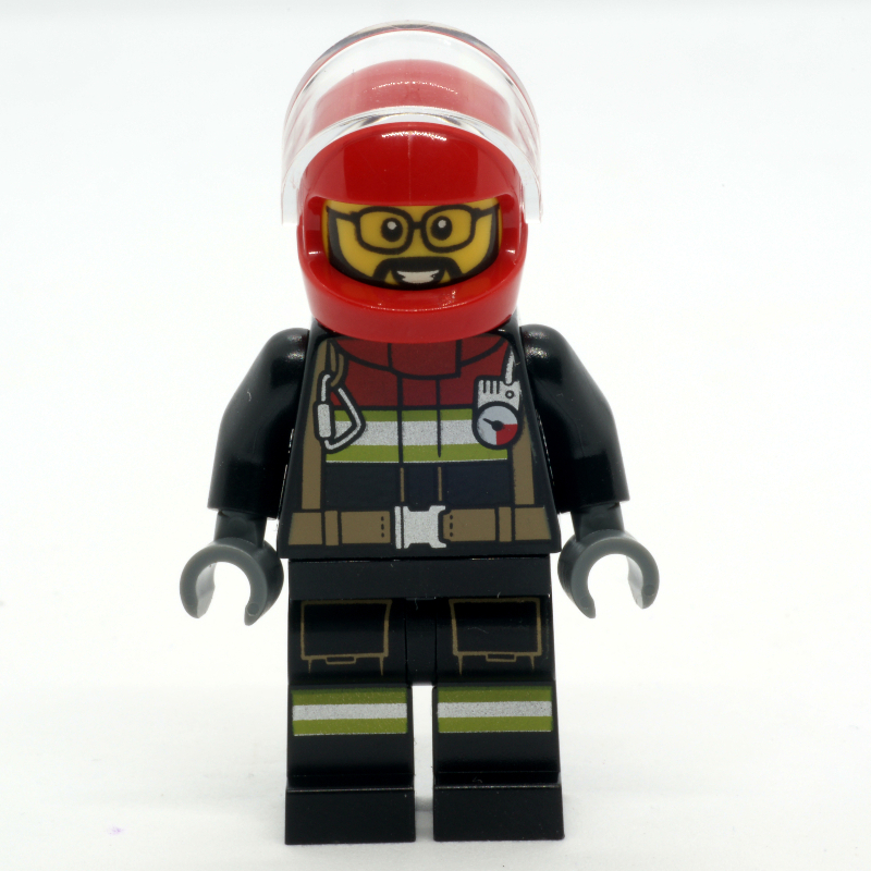 LEGO Firefighter, Black Fire Suit, Red Helmet with Visor, Glasses (fig-013347)