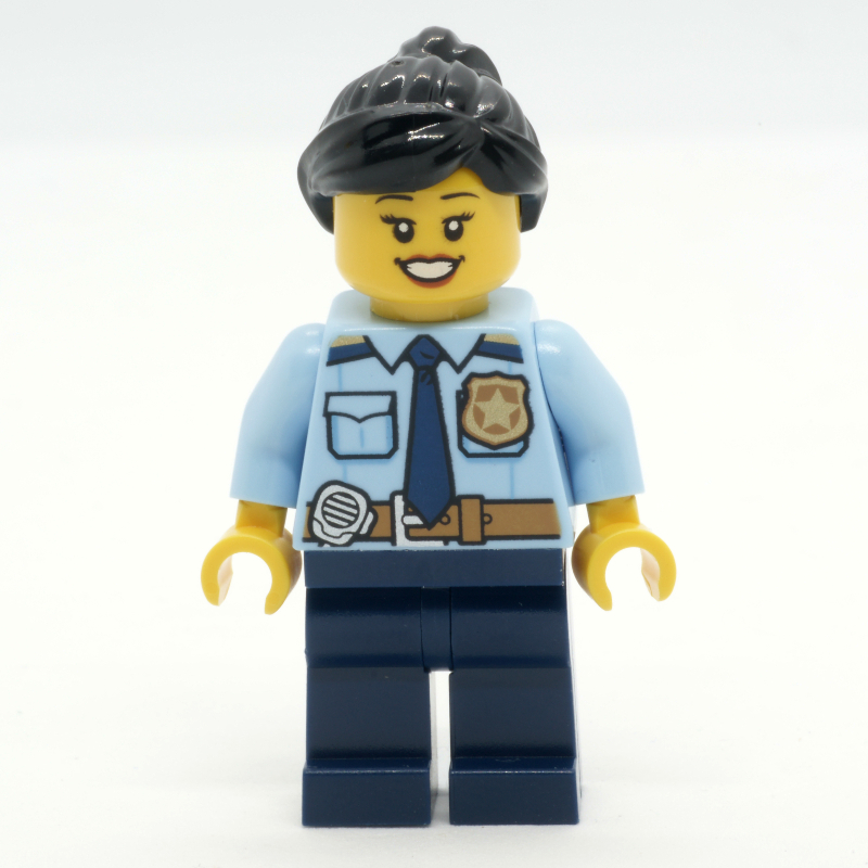 LEGO Police Officer, Bright Light Blue Shirt with Police Badge, Dark Blue Legs, Reddish Brown Ponytail (fig-013348)