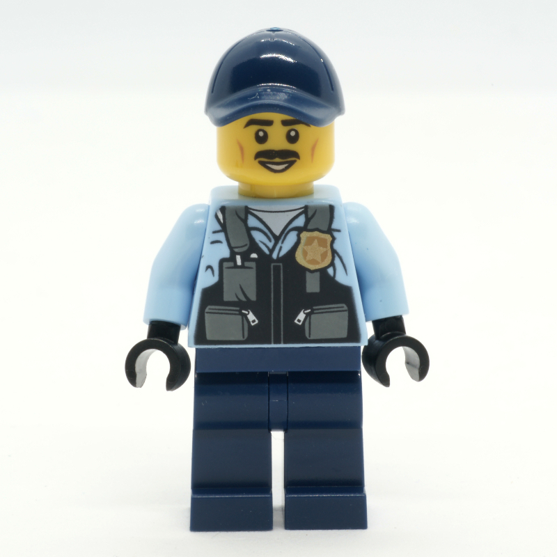 LEGO Police Officer, Bright Light Blue Shirt with Police Badge, Dark Blue Legs and Cap, Moustache (fig-013351)