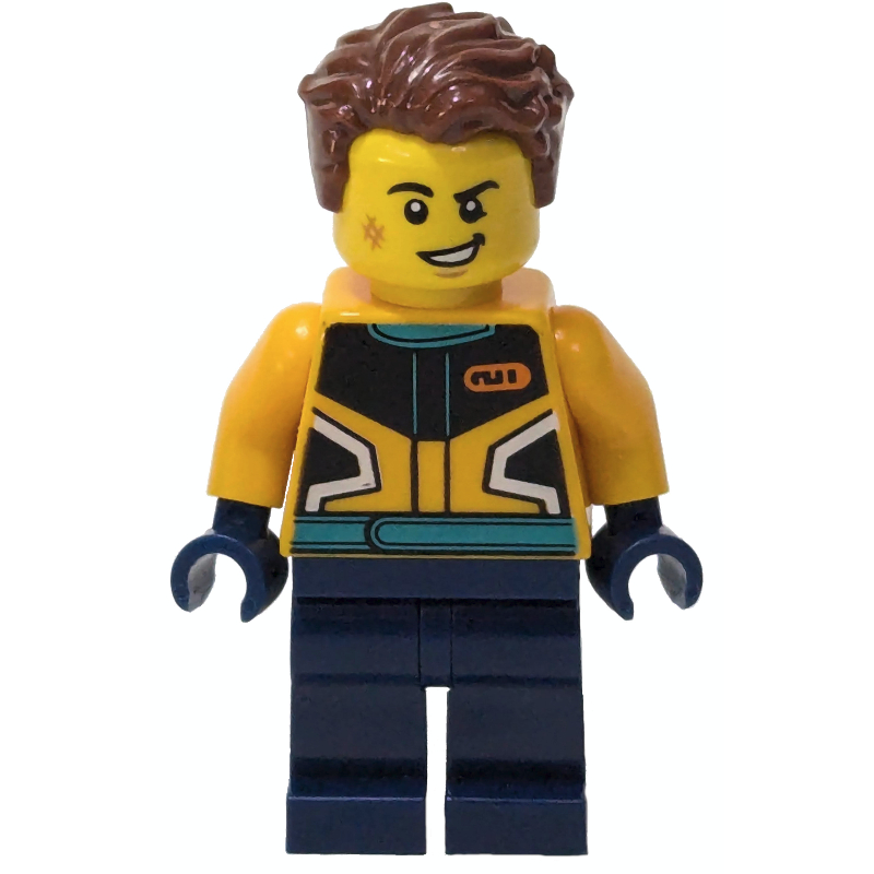 LEGO Racer, Orange and Dark Blue Race Suit, Reddish Brown Hair (fig-013356)
