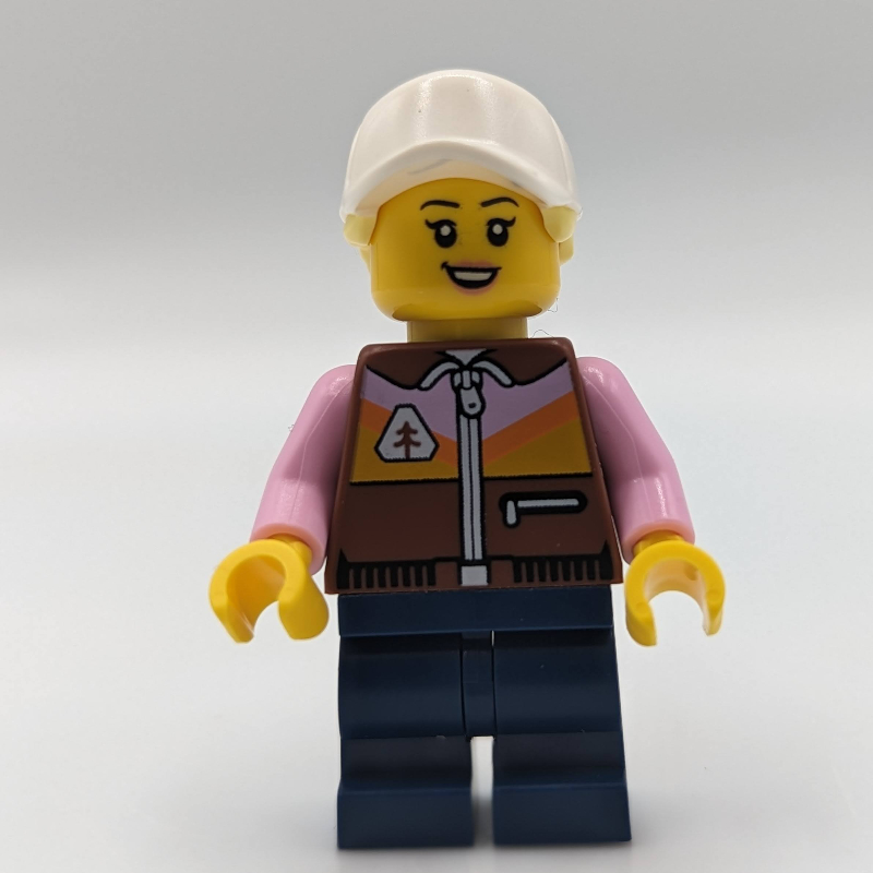 LEGO Dirt Bike Rider, Female - Reddish Brown Vest, Dark Blue Legs, White Cap with Ponytail (fig-013359)