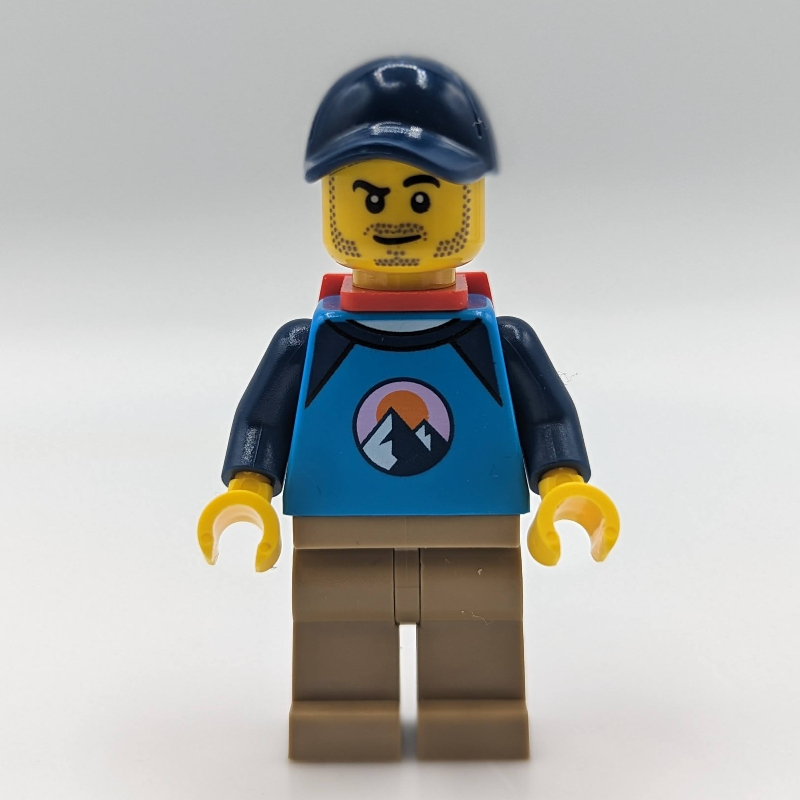 LEGO Dirt Bike Rider, Male - Dark Azure Top, Dark Tan Legs, Red Backpack, Dark Blue Cap (fig-013360)