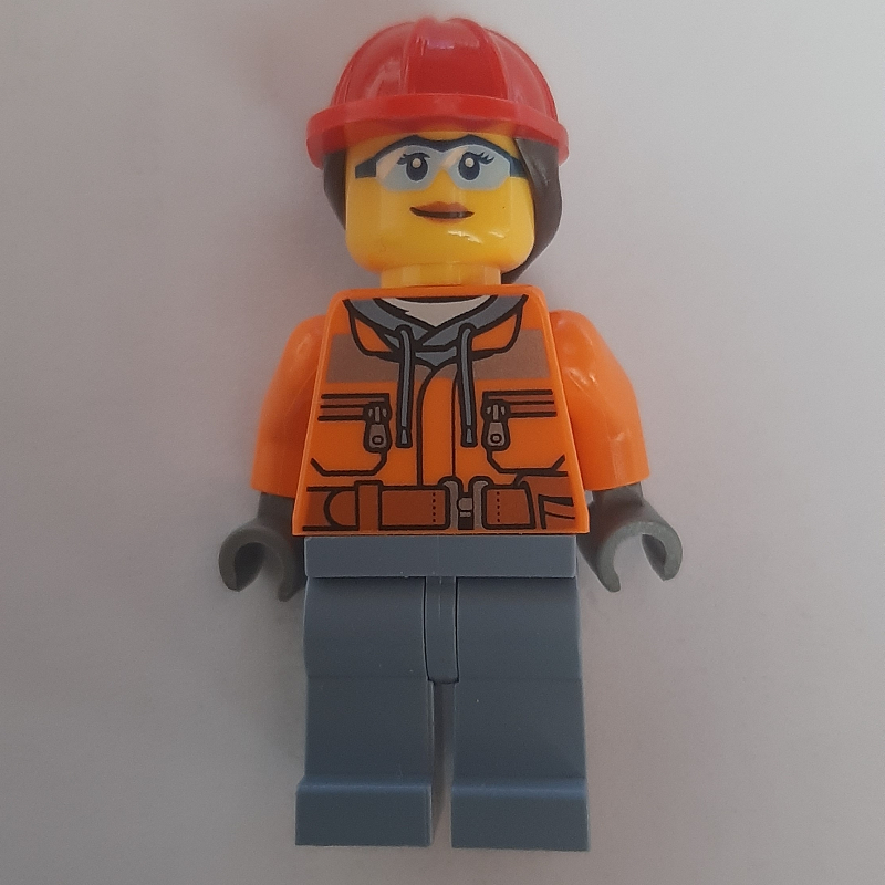 LEGO Construction Worker, Orange Safety Jacket, Sand Blue Legs, Red Hard Hat with Ponytail (fig-013361)