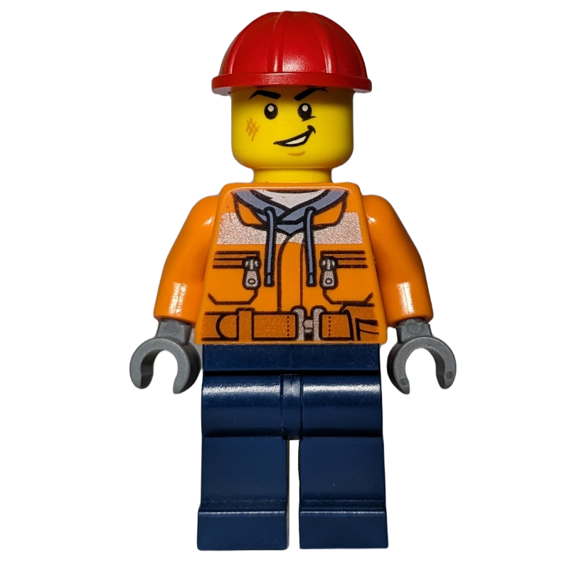 LEGO Construction Worker, Orange Safety Jacket, Dark Blue Legs, Red Hard Hat (fig-013362)