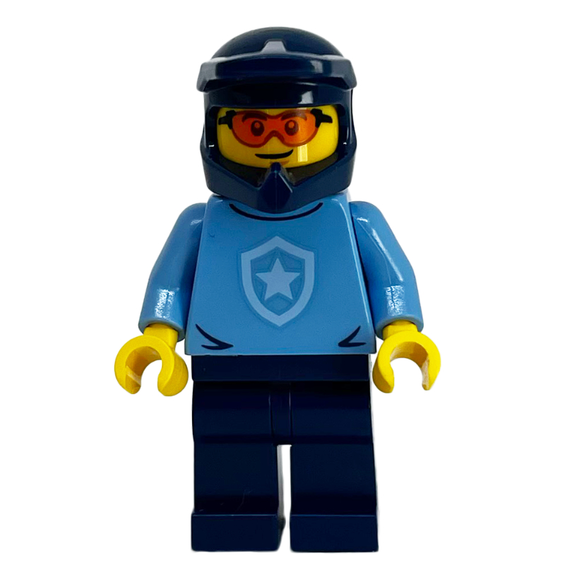 LEGO Police Officer, Sweater with Police Badge, Dark Blue Helmet, Orange Glasses (fig-013440)