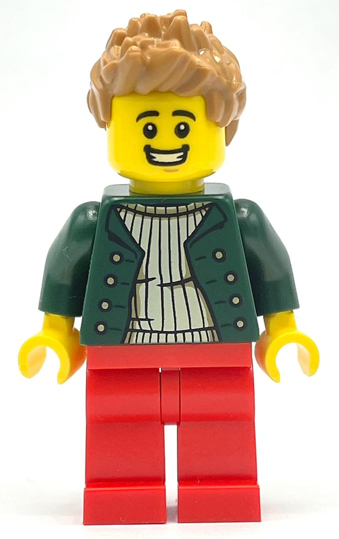 LEGO Pizza Delivery Driver - Dark Green Torso, Red Legs, Medium Nougat Hair (fig-013493)