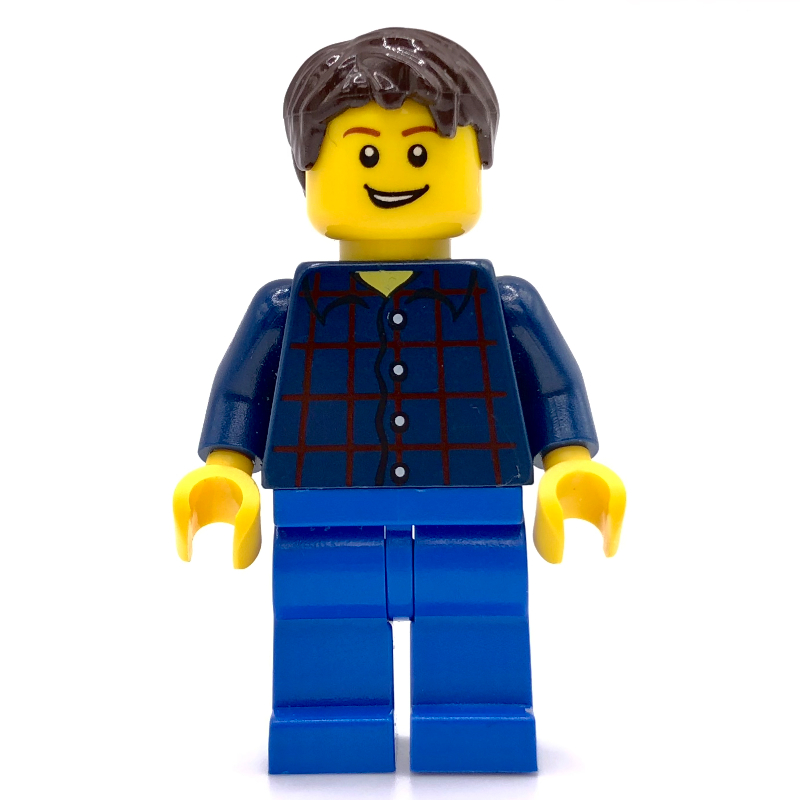 LEGO Man, Dark Blue Plaid Shirt, Blue Legs, Dark Brown Hair (3626c Head) (fig-013494)