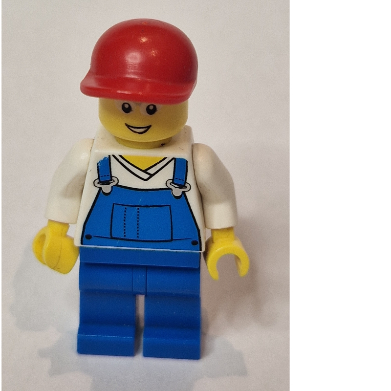 LEGO Man, Blue Overalls over White V-Neck Shirt, Red Cap, Glasses, 3626cpr0646 Head (fig-013508)