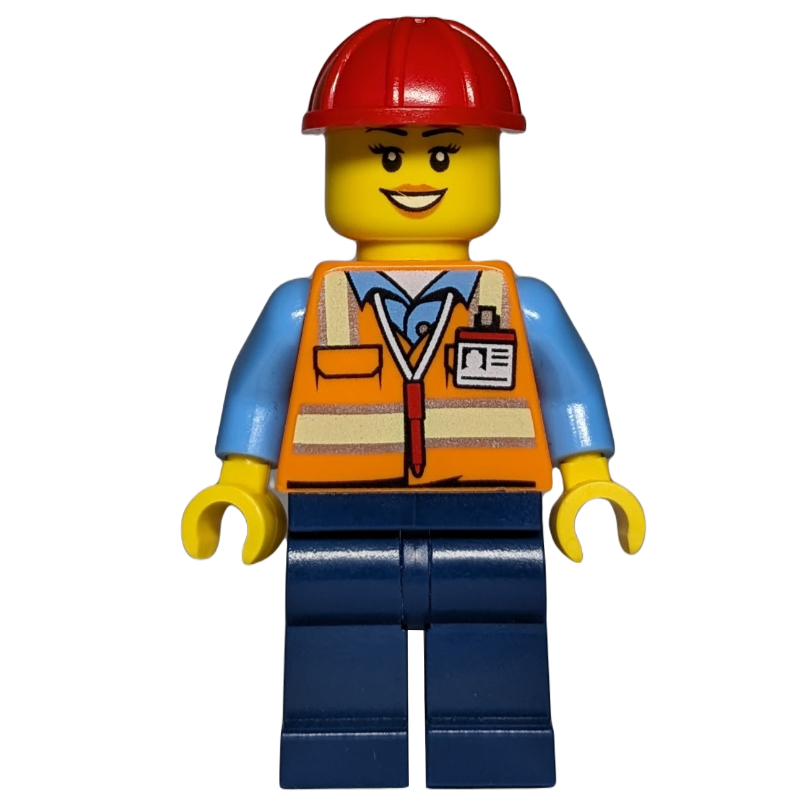 LEGO Construction Worker - Orange Torso, Dark Blue Legs, Red Helmet, Female (fig-013625)