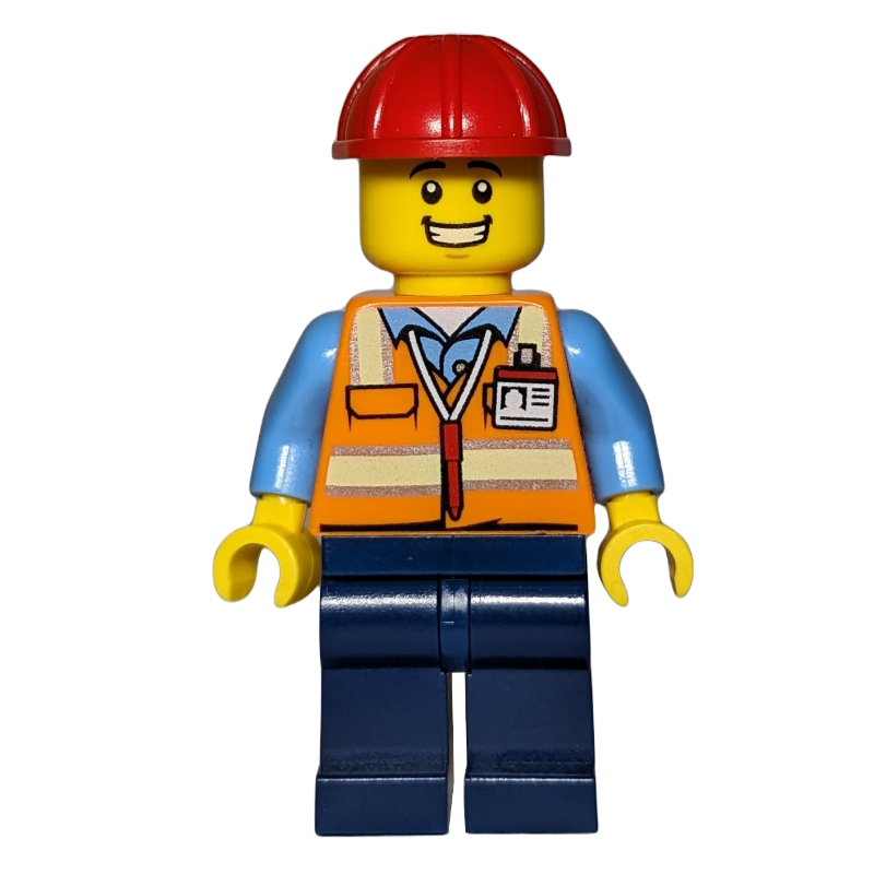 LEGO Construction Worker - Orange Torso, Dark Blue Legs, Red Helmet, Grin (fig-013626)
