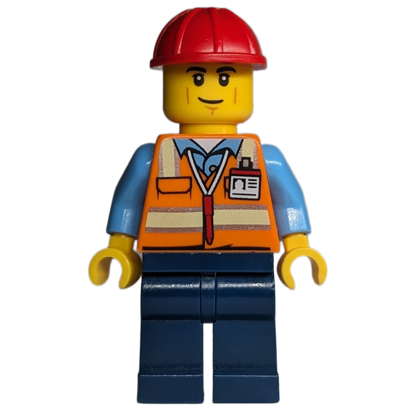 LEGO Construction Worker - Orange Torso, Dark Blue Legs, Red Helmet, Smirk (fig-013627)