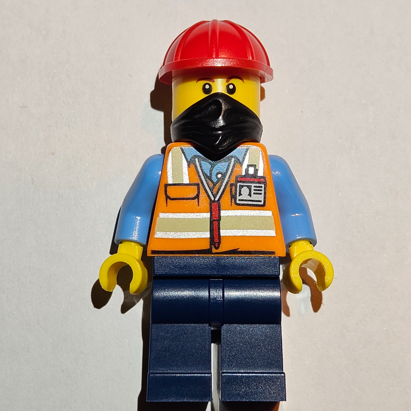 LEGO Construction Worker - Orange Torso, Dark Blue Legs, Red Helmet, Black Bandana (fig-013628)