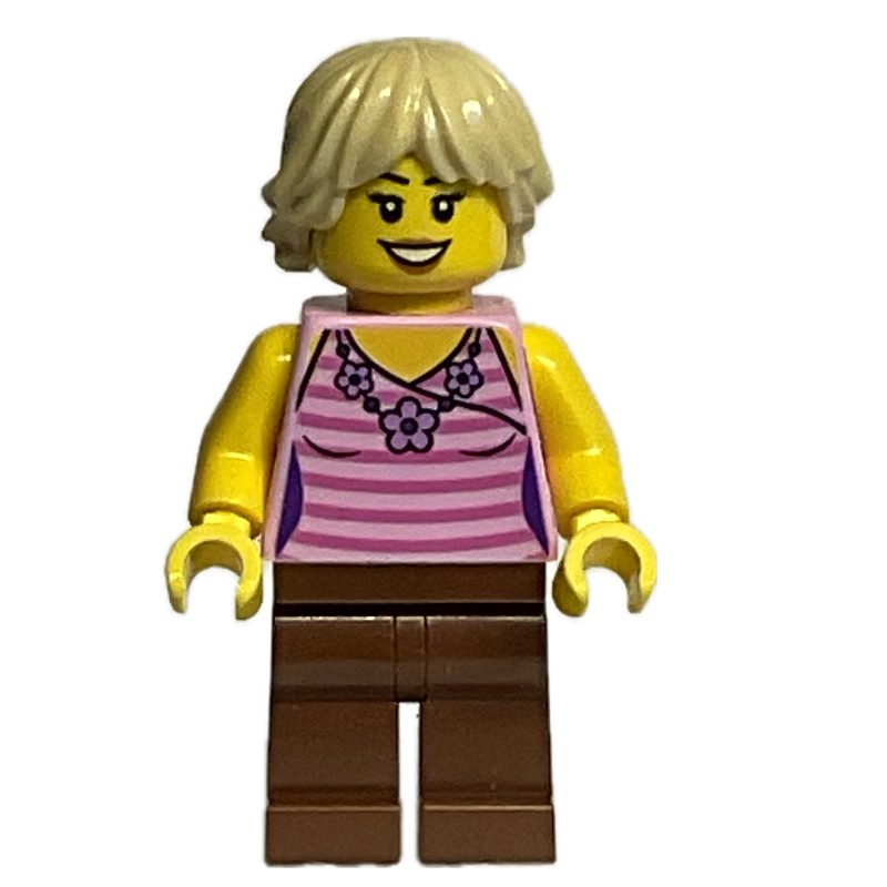 LEGO Bright Pink Torso, Dark Red Legs, Tan Hair (fig-013648)