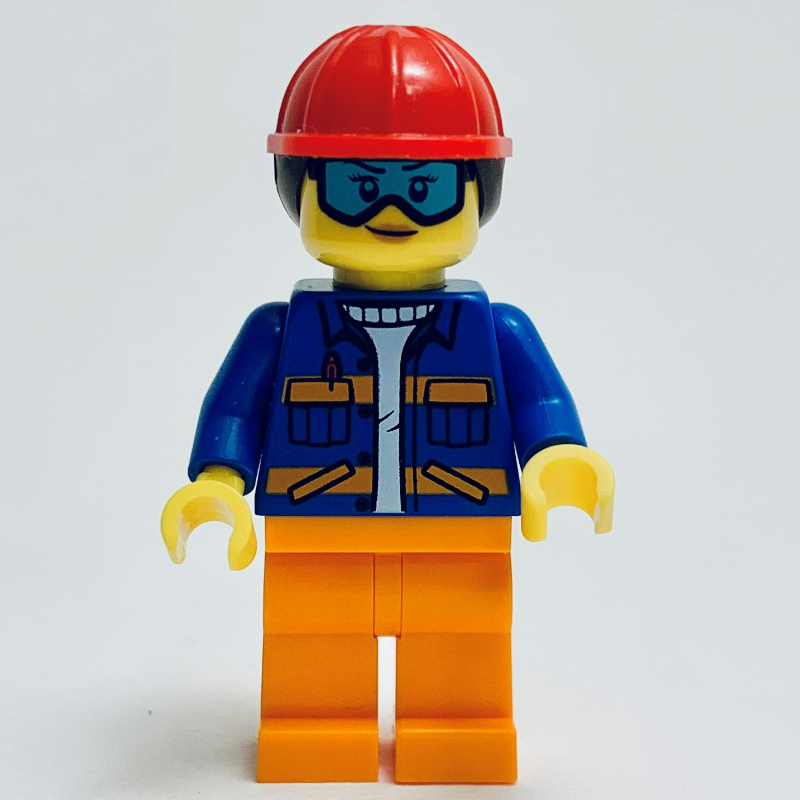 LEGO Construciton Worker, Blue Jacket, Orange Legs, Red Hard Hat with Dark Brown Hair  (fig-013756)
