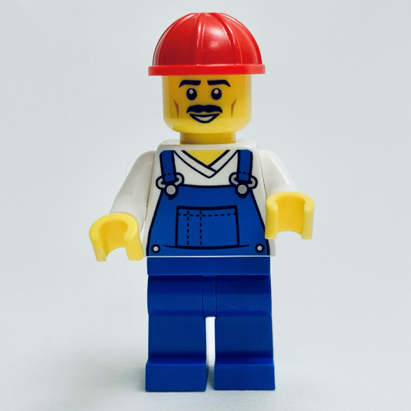 LEGO Construction Worker, Blue Overalls, Red Hard Hat, Moustache (fig-013757)