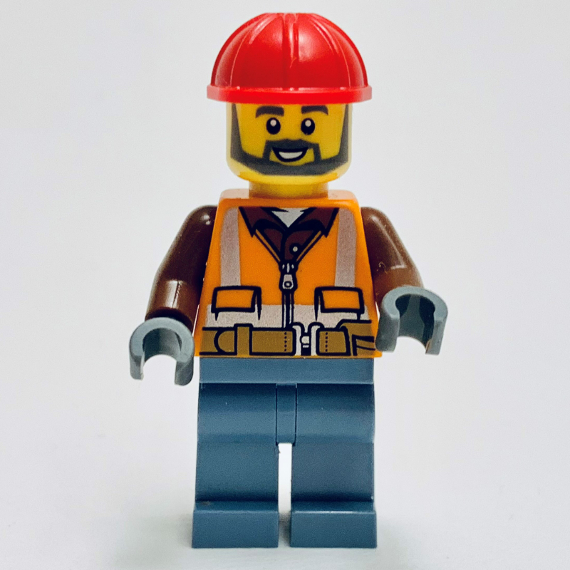 LEGO Construction Worker, Orange Safety Jacket, Sand Blue Legs, Red Hard Hat (Gary Gangway) (fig-013761)