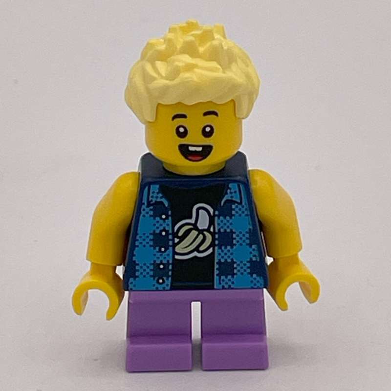 LEGO Boy, Dark Blue Banana Shirt, Short Medium Lavender Legs (fig-013933)