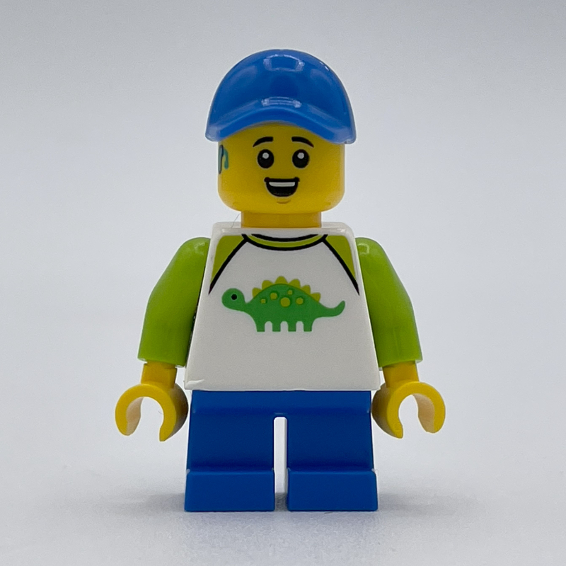 LEGO Boy, Dinosaur Shirt, Short Blue Legs, Blue Cap (fig-013954)