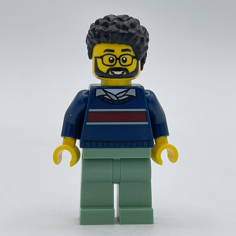 LEGO Man, Dark Blue Sweater, Sand Green Legs, Beard and Glasses (fig-013955)
